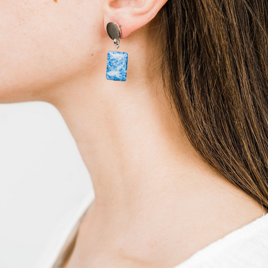 rhodium oval + denim lapis earrings - rhodium oval + denim lapis earrings - VUE by SEK