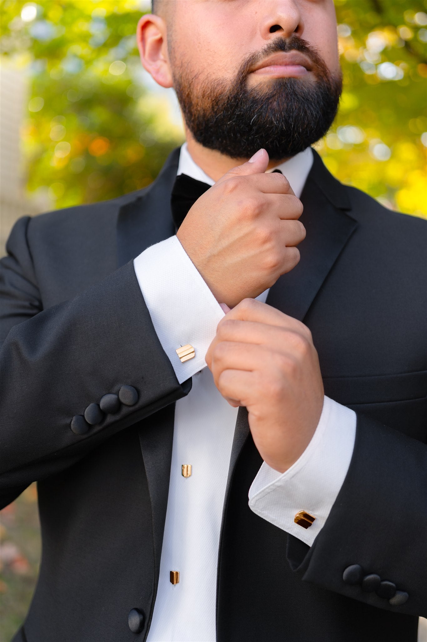 2 Cufflinks & 4 Studs Set | Black With Gold Trim | For Tuxedo Shirts & Formal Wear Black Gold Cufflink Set 2 Cufflinks & 4 Studs Set | Black With Gold Trim | For Tuxedo Shirts & Formal Wear Black Gold Cufflink Set