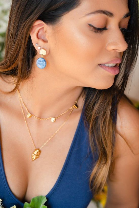 VUE by SEK Earrings gold dome + denim lapis earrings