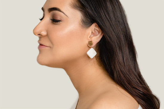 VUE by SEK Earrings gold layered dome + white jade earrings