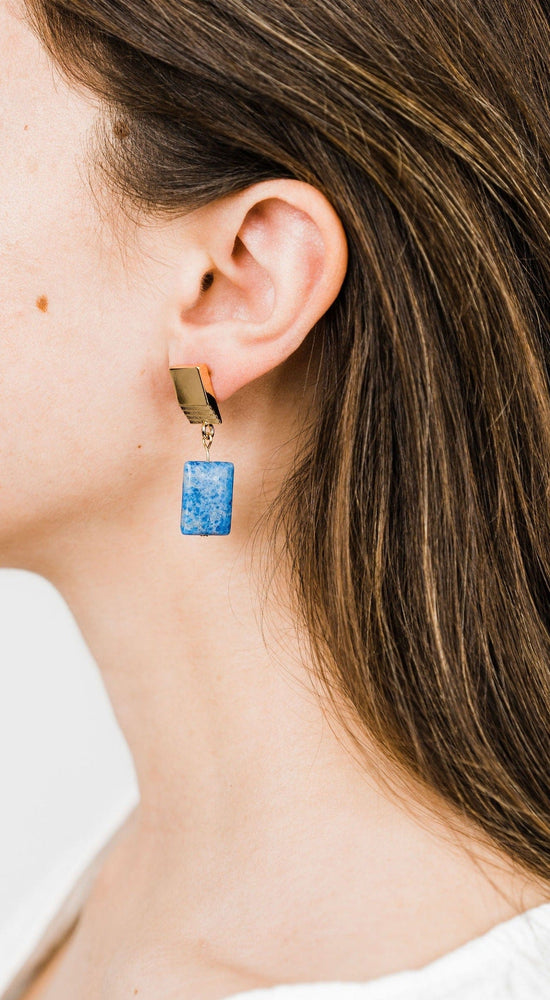 VUE by SEK Earrings gold layered square + denim lapis earrings