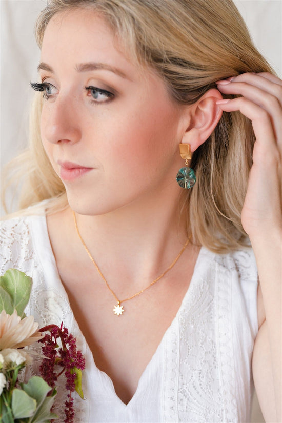 Load image into Gallery viewer, VUE by SEK Earrings gold layered square + green fluorite earrings
