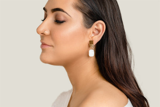 Load image into Gallery viewer, VUE by SEK Earrings gold layered square + mother-of-pearl earrings
