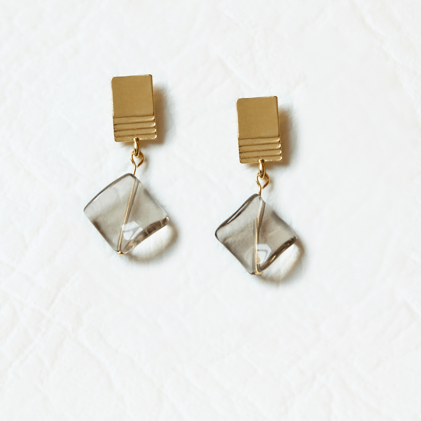 VUE by SEK Earrings gold layered square + twisted smoky quartz earrings
