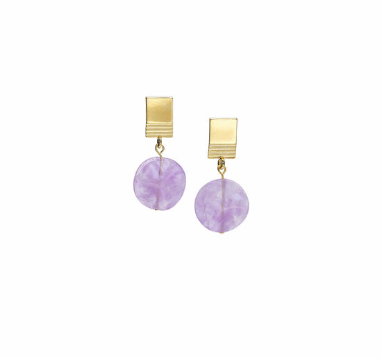 Load image into Gallery viewer, VUE by SEK Earrings gold layered square + wavy amethyst earrings
