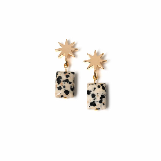 Load image into Gallery viewer, VUE by SEK Earrings gold star + Dalmatian jasper earrings
