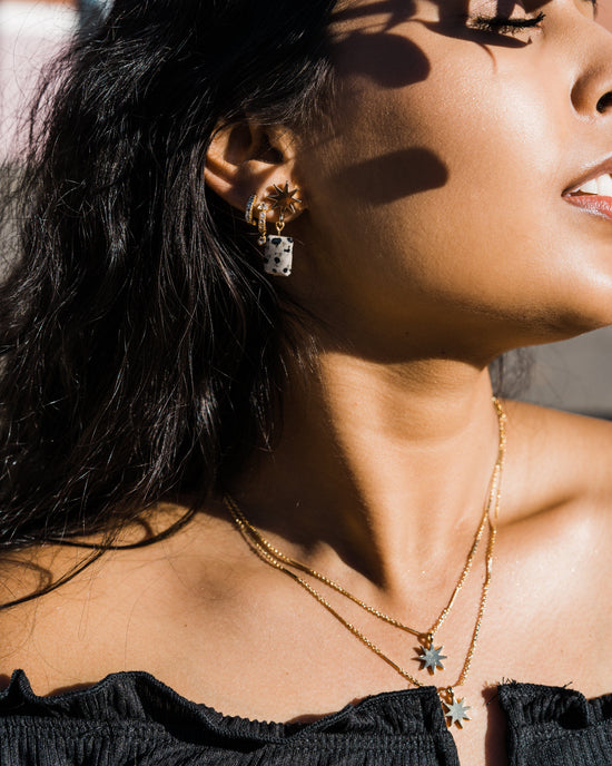 Load image into Gallery viewer, VUE by SEK Earrings gold star + Dalmatian jasper earrings
